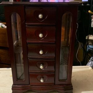 Armoire Mahogany Jewelry Organizer with Glass Panels & Hooks, Ring Drawers